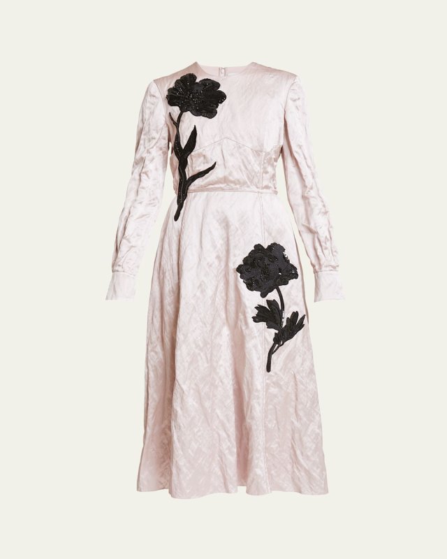 Floral Sequin Beaded Crinkle Midi Dress